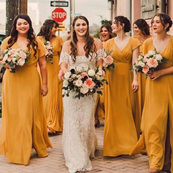 african a line yellow side split bridemaid dresses ruched v neck prom gown maid of honor party gowns wedding guest dress, White;pink
african a line yellow side split bridemaid dresses ruched v neck prom gown maid of honor party gowns wedding guest dress, White;pink
