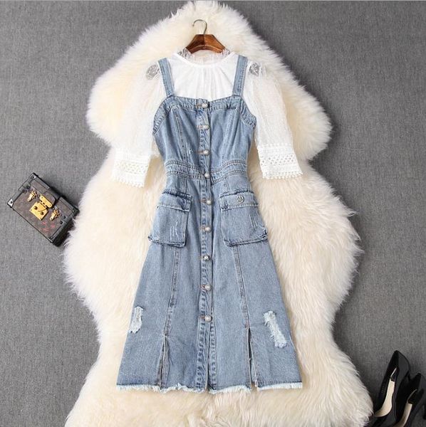 two piece dress 2021 fashion runway flocked lantern sleeve mesh gown + hole denim strap skirt set n353, White 
two piece dress 2021 fashion runway flocked lantern sleeve mesh gown + hole denim strap skirt set n353, White