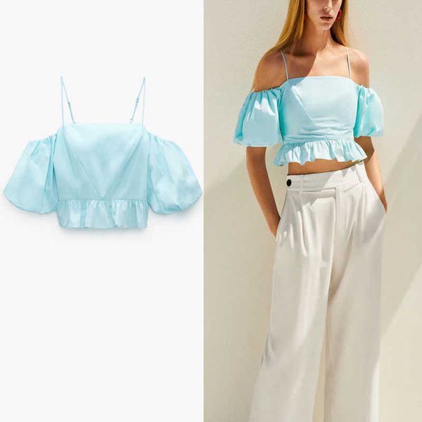 za off shoulder crop summer woman short puff sleeve spaghetti straps elastic blouse female chic ruffle hem shirts 210602, White
za off shoulder crop summer woman short puff sleeve spaghetti straps elastic blouse female chic ruffle hem shirts 210602, White