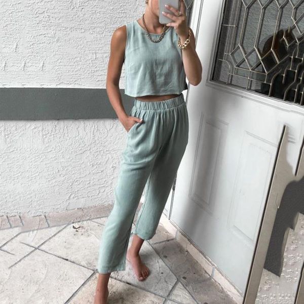 women's two piece pants solid casual round neck and set loose sleeveless women summer suit lady high waist slim fit streetwear, White
women's two piece pants solid casual round neck and set loose sleeveless women summer suit lady high waist slim fit streetwear, White