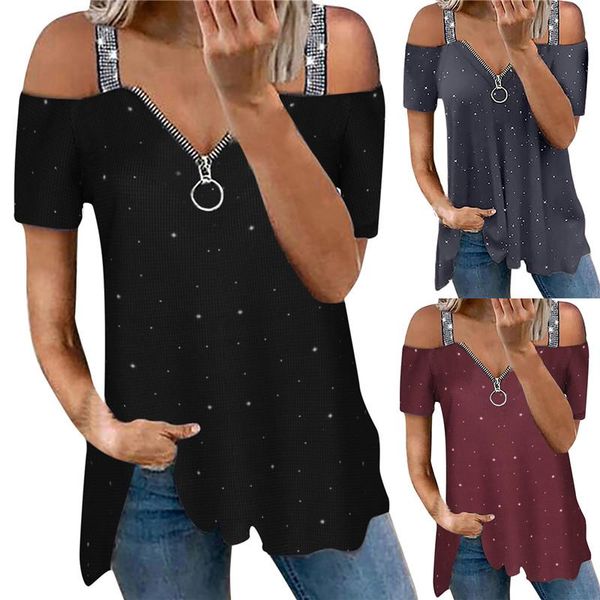 women's t-shirt fashion summer casual v-neck pullover sequins sling zipper strapless short-sleeved, White
women's t-shirt fashion summer casual v-neck pullover sequins sling zipper strapless short-sleeved, White