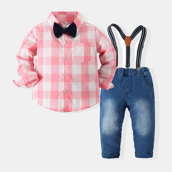 new boys' jeans wear spring thin middle school children's pink plaid shirt bow tie suspender suit, Blue
new boys' jeans wear spring thin middle school children's pink plaid shirt bow tie suspender suit, Blue