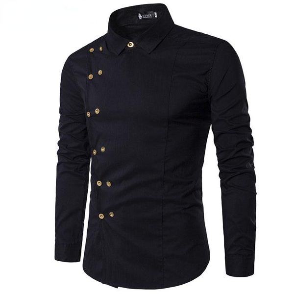men's casual shirts spring autumn fashion irregular double breasted button-down men long sleeve male slim fit stand collar blouse, White;black
men's casual shirts spring autumn fashion irregular double breasted button-down men long sleeve male slim fit stand collar blouse, White;black