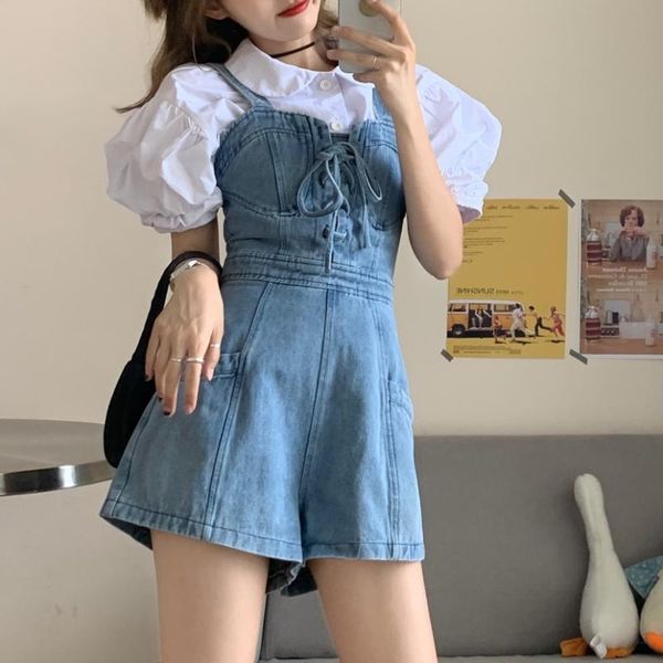 women's tracksuits kawaii sweet girls summer two piece set puff sleeve white blouse + denim jeans jumpsuit tracksuit pockets vintage z7, Gray
women's tracksuits kawaii sweet girls summer two piece set puff sleeve white blouse + denim jeans jumpsuit tracksuit pockets vintage z7, Gray