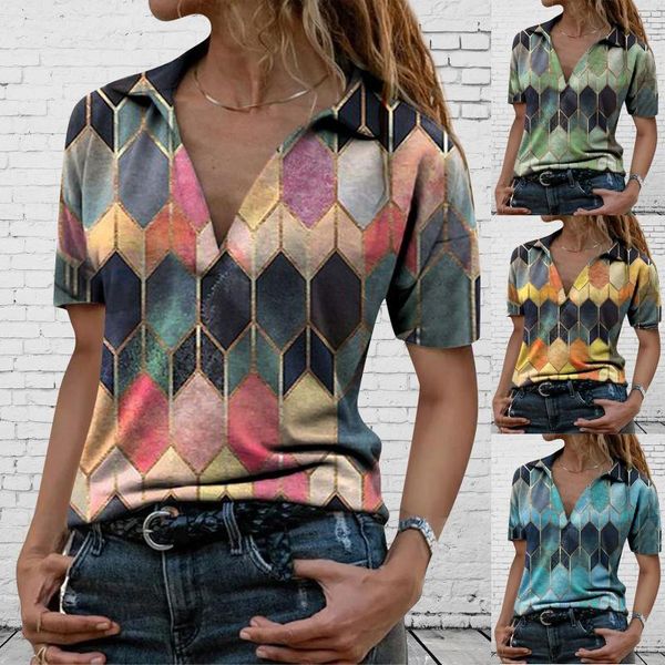 women's diamond pattern t-shirt v neck summer short sleeve lapel collar casual tee fashion camiseta feminina plus size, White