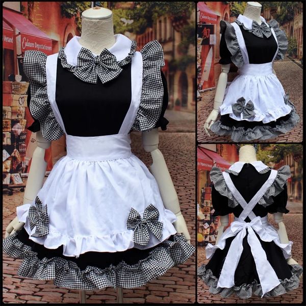 japan style maid dress kawaii women lolita style black white plaid ruffle bow dress puff short sleeve cosplay costumes, Black;gray
japan style maid dress kawaii women lolita style black white plaid ruffle bow dress puff short sleeve cosplay costumes, Black;gray
