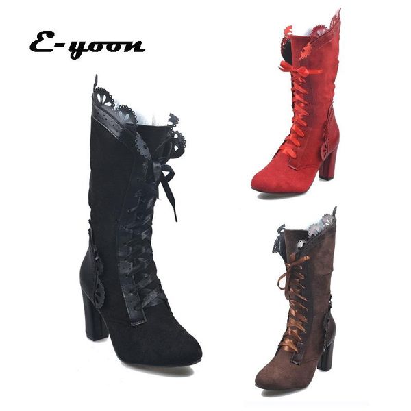 boots women's mid calf ladies lace up high heels female shoes woman ruffle flock retro women elegant footwear, Black