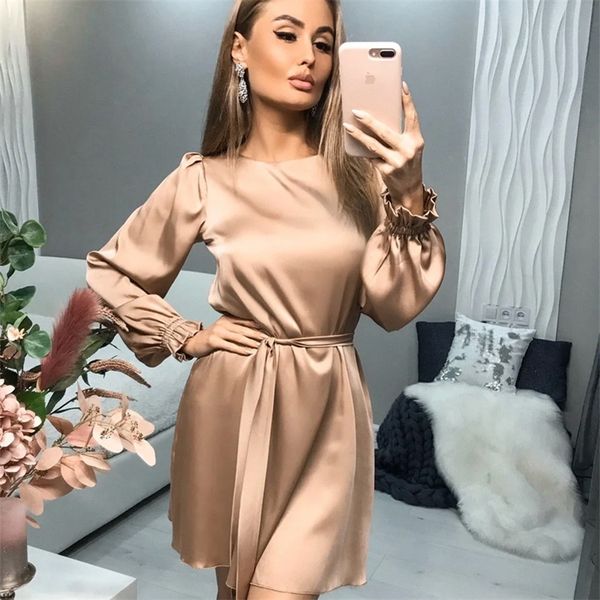 women casual o-neck satin mini dress solid lantern sleeve sashes a line party dress new fishtion autumn women elegant dress 210309, Black;gray
women casual o-neck satin mini dress solid lantern sleeve sashes a line party dress new fishtion autumn women elegant dress 210309, Black;gray