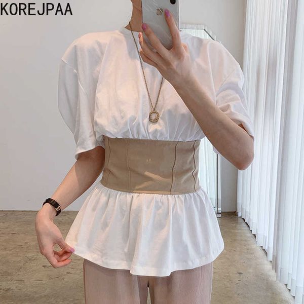 korejpaa women t-shirt summer korean elegant temperament round neck waist stitching design back tie puff sleeve pullover 210526, White
korejpaa women t-shirt summer korean elegant temperament round neck waist stitching design back tie puff sleeve pullover 210526, White