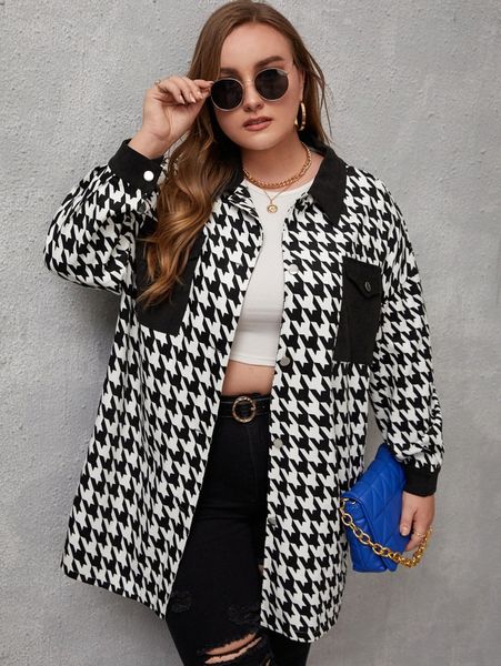 plus houndstooth flap pocket drop shoulder coat j15o#, Black
plus houndstooth flap pocket drop shoulder coat j15o#, Black