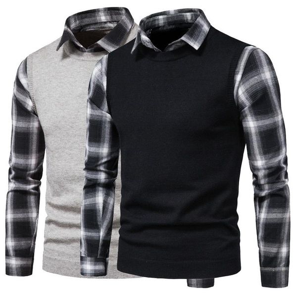 new fake two pieces men's sweater plaid lapel collared shirt long sleeve men basic knitted pullovers, White;black
new fake two pieces men's sweater plaid lapel collared shirt long sleeve men basic knitted pullovers, White;black