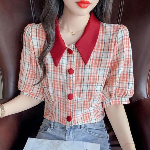 women's blouses & shirts plaid shirt 2021 summer retro hong kong style collar bubble sleeve single breasted loose chic top, White
women's blouses & shirts plaid shirt 2021 summer retro hong kong style collar bubble sleeve single breasted loose chic top, White