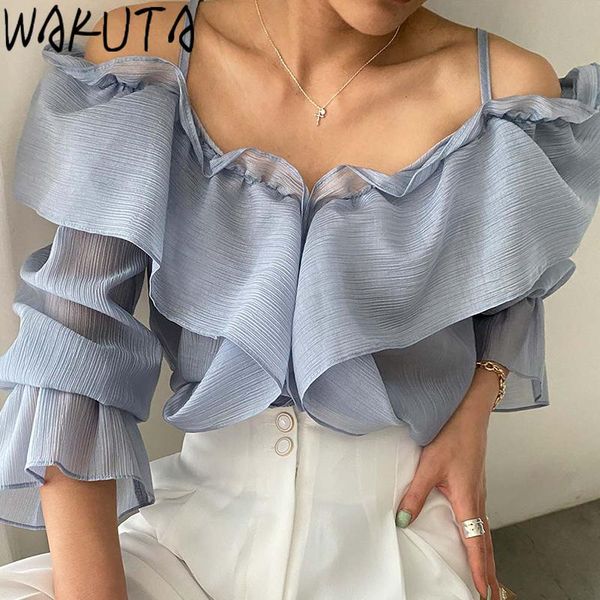 women's blouses & shirts wakuta chic korean slash neck long flare sleeve strap women summer elegant solid blusas mujer de moda 2021, White
women's blouses & shirts wakuta chic korean slash neck long flare sleeve strap women summer elegant solid blusas mujer de moda 2021, White