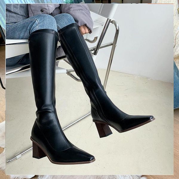 boots 2021 spring and autumn high-heeled long-tube knight high-tube elastic large-tube pointed toe women's large size, Black