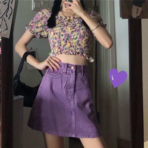 skirts spring ins korean retro sweet purple high waist denim skirt, Black 
skirts spring ins korean retro sweet purple high waist denim skirt, Black