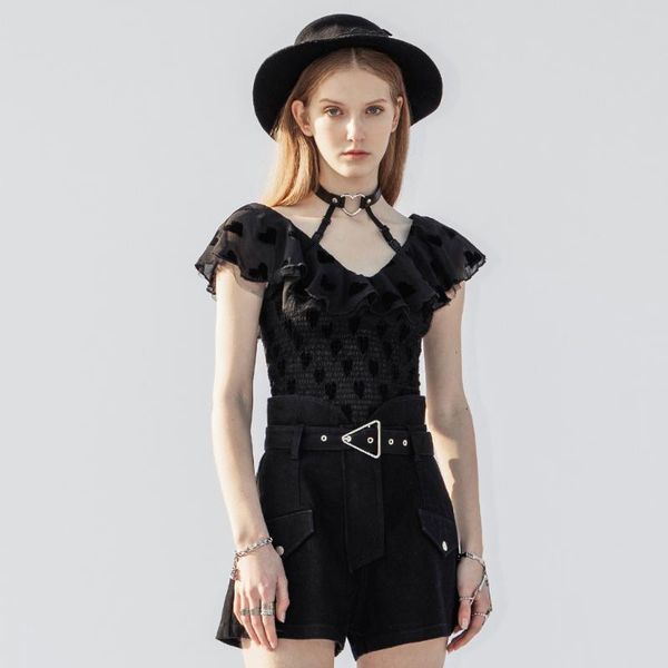 women's t-shirt punkrave series v-neck detachable falbala collar punk collect waist flocking chiffon shirt, White
women's t-shirt punkrave series v-neck detachable falbala collar punk collect waist flocking chiffon shirt, White