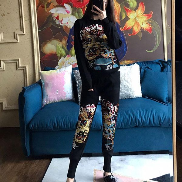 women's two piece pants fashion women black knitted tracksuit outfits manual embroidery long sleeve sweater knit pencil trousers loose, White
women's two piece pants fashion women black knitted tracksuit outfits manual embroidery long sleeve sweater knit pencil trousers loose, White
