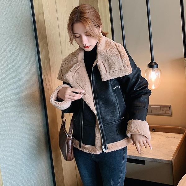 women's leather & faux autumn and winter style pu fur one lamb hair motorcycle jacket short thick plus velvet, Black
women's leather & faux autumn and winter style pu fur one lamb hair motorcycle jacket short thick plus velvet, Black