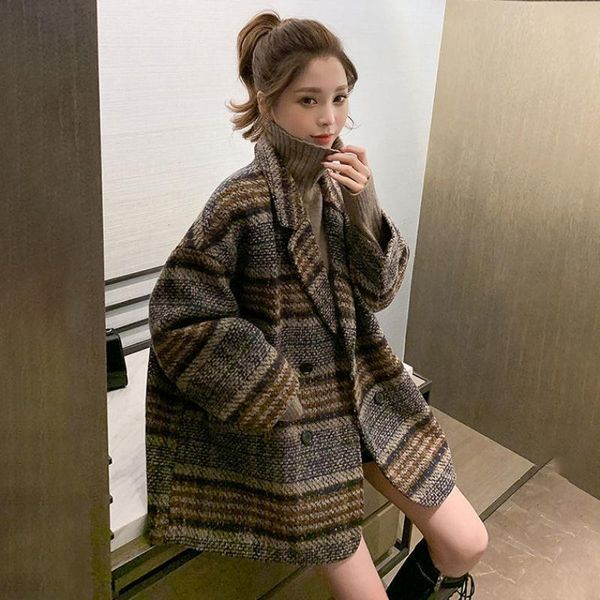 women's wool & blends 2021 plaid woolen coat fashionable mid-length autumn and winter chic button pocket casual loose, Black
women's wool & blends 2021 plaid woolen coat fashionable mid-length autumn and winter chic button pocket casual loose, Black