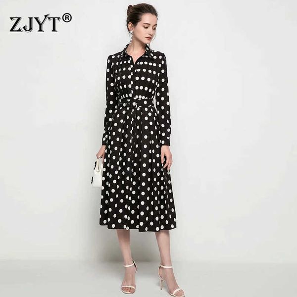 fashion spring designer women long sleeve turn down collar polka dot print dress runway robe vintage midi office vestidos 210601, Black;gray
fashion spring designer women long sleeve turn down collar polka dot print dress runway robe vintage midi office vestidos 210601, Black;gray