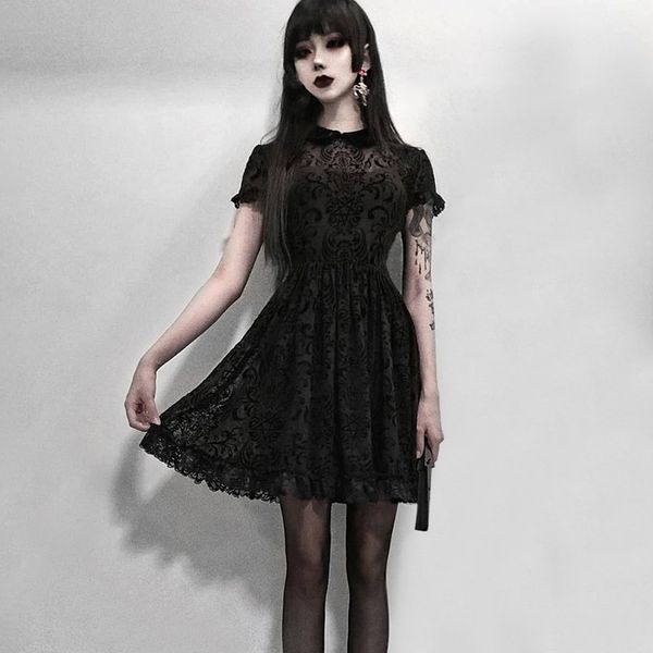 short sleeve lace pleated dress 2021 spring goth dark high waist harajuku perspective mesh hollow out dress, Black;gray
short sleeve lace pleated dress 2021 spring goth dark high waist harajuku perspective mesh hollow out dress, Black;gray