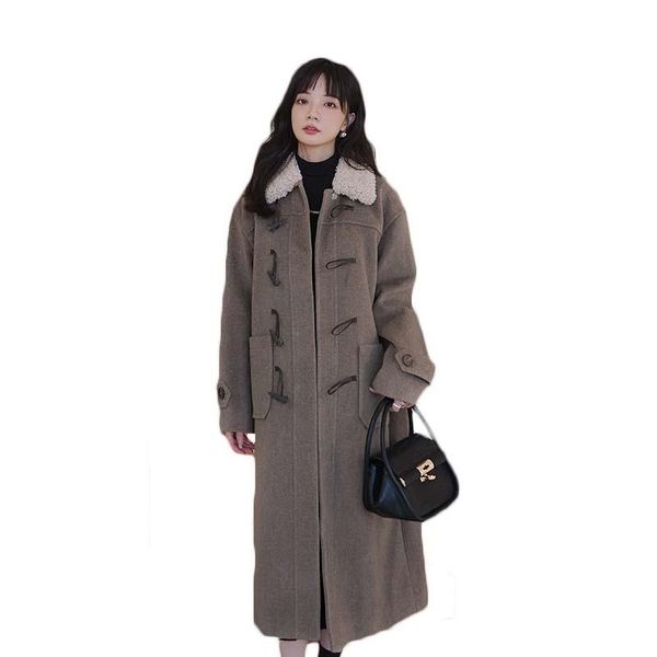 women's wool & blends 2021 woolen coat mid-length female autumn and winter loose retro lamb fur collar horn buckle outwear y715, Black
women's wool & blends 2021 woolen coat mid-length female autumn and winter loose retro lamb fur collar horn buckle outwear y715, Black