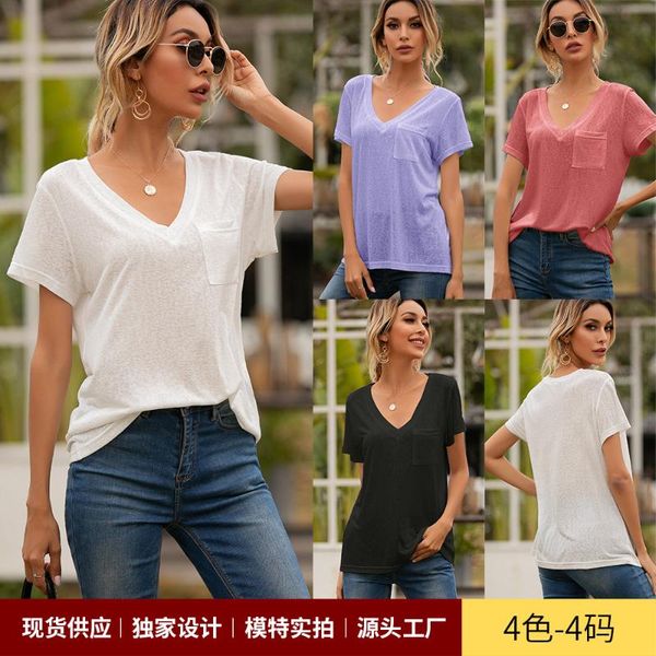 women's t-shirt 2021 summer v-neck pocket casual loose short-sleeved women fashion solid color office lady tshirts femme, White
women's t-shirt 2021 summer v-neck pocket casual loose short-sleeved women fashion solid color office lady tshirts femme, White