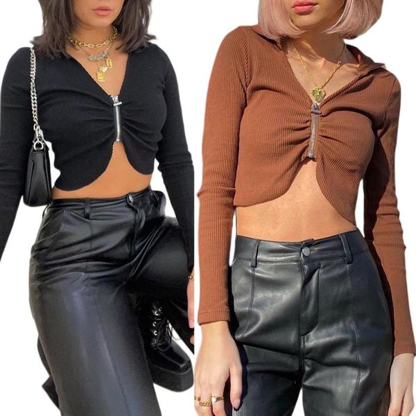 women's t-shirt womens zip up casual polyester crop long sleeve v-neck solid color ruched rib knit t-shirts, White
women's t-shirt womens zip up casual polyester crop long sleeve v-neck solid color ruched rib knit t-shirts, White