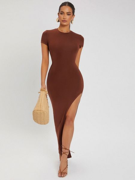 sxy solid split thigh bodycon dress 75tb#, Black;gray