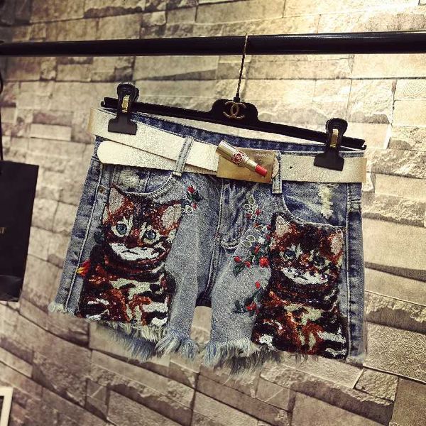 women's shorts short embroidered cat sequins and thin personality jeans trend 1gcs, White;black
women's shorts short embroidered cat sequins and thin personality jeans trend 1gcs, White;black