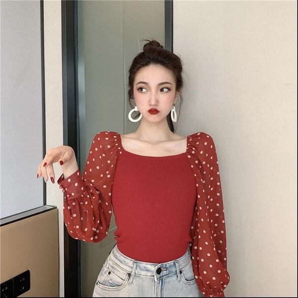 2021 atumn winter women square collar cropped sweater pullover crop patchwork chiffon dot sleeve sweater for female, White;black
2021 atumn winter women square collar cropped sweater pullover crop patchwork chiffon dot sleeve sweater for female, White;black