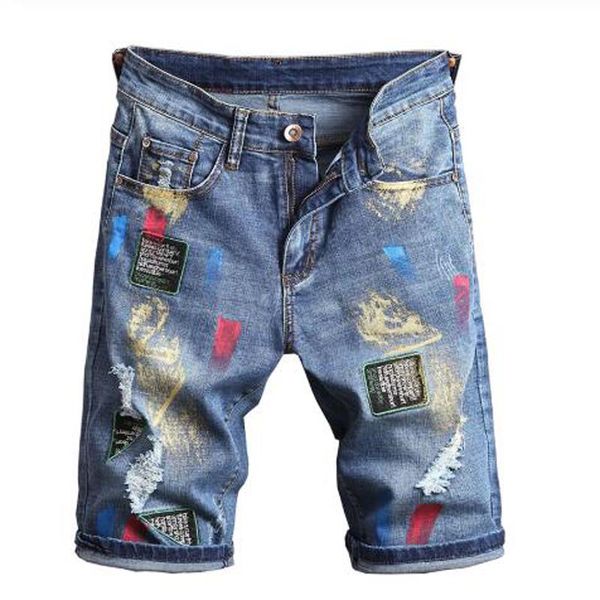 men's jeans male fashion casual badge embroidery colored painted denim shorts summer holes ripped slim straight breeches, Blue
men's jeans male fashion casual badge embroidery colored painted denim shorts summer holes ripped slim straight breeches, Blue