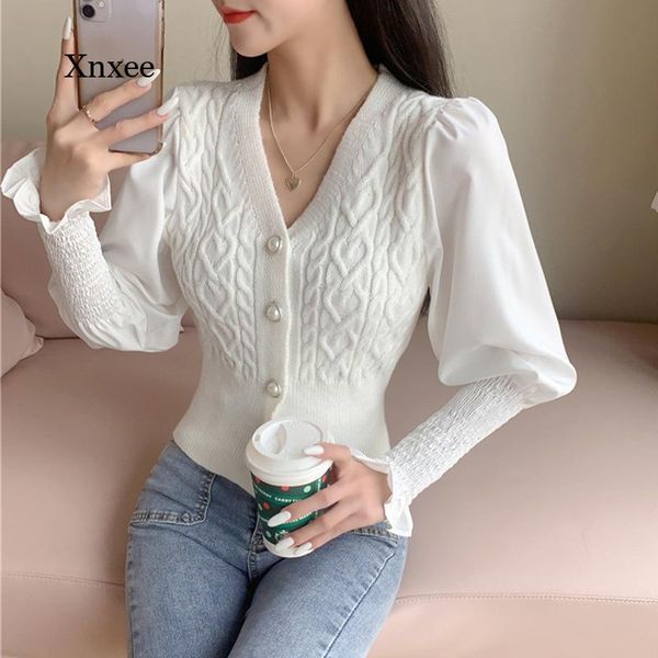 women's knits & tees puff sleeve patchwork knitted cardigans mujer solid v neck short slim woman sweaters korean elegant single bre, White
women's knits & tees puff sleeve patchwork knitted cardigans mujer solid v neck short slim woman sweaters korean elegant single bre, White