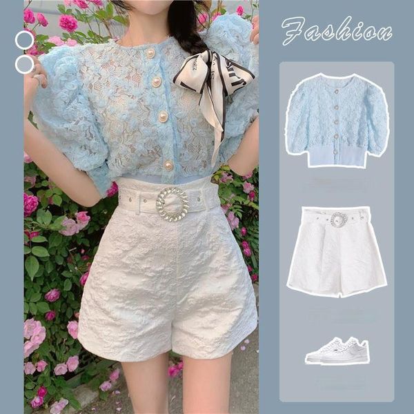 women's tracksuits women sets hollow out female design puff sleeves summer vintage korean o-neck chic lace elegant shorts and outfits, Gray
women's tracksuits women sets hollow out female design puff sleeves summer vintage korean o-neck chic lace elegant shorts and outfits, Gray