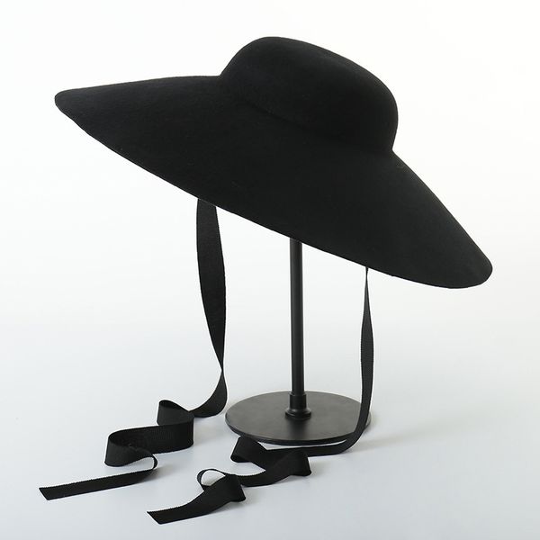 fashion big hat british domed with large brim and wool top, Blue;gray