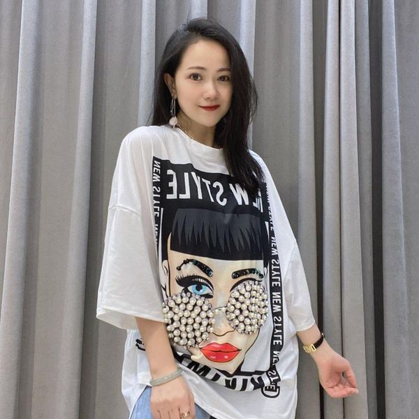 women's t-shirt large size character beading half sleeve summer women round neck thin, White
women's t-shirt large size character beading half sleeve summer women round neck thin, White