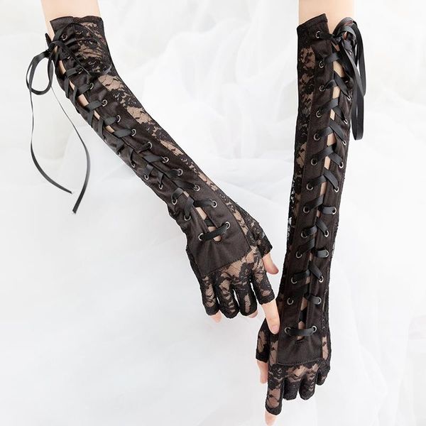 five fingers gloves lace strap long ribbon half finger etiquette prom with accessories women, Blue;gray
five fingers gloves lace strap long ribbon half finger etiquette prom with accessories women, Blue;gray