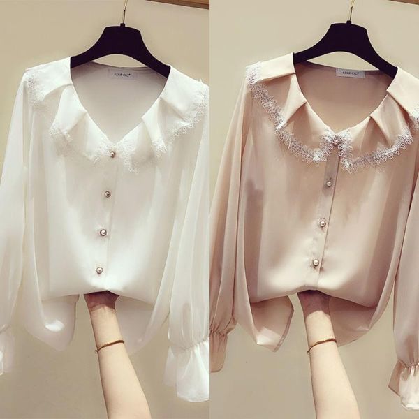 new spring women long sleeve lace patchwork chiffon blouse female color casual v-neck shirt, White
new spring women long sleeve lace patchwork chiffon blouse female color casual v-neck shirt, White