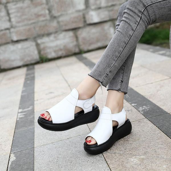 dress shoes 2021 wedges heels sandals women beach genuine leather open toe, Black
