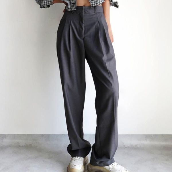 europe straight long legs high waist slimming pants loose pleated casual dark gray simple suit trousers 8j45, Black;white
europe straight long legs high waist slimming pants loose pleated casual dark gray simple suit trousers 8j45, Black;white