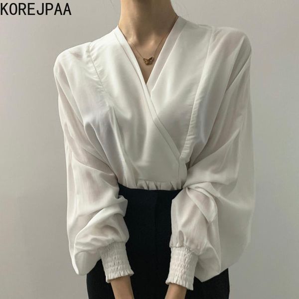 women's blouses & shirts korejpaa women shirt 2021 korean fashion early autumn temperament wild v-neck cross-designed ruffled lantern s, White
women's blouses & shirts korejpaa women shirt 2021 korean fashion early autumn temperament wild v-neck cross-designed ruffled lantern s, White