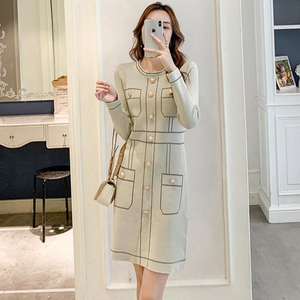 casual dresses chic slim waist knit dress woman single-breasted o-neck korean vestidos mujer 2021 autumn sweater female, Black;gray
casual dresses chic slim waist knit dress woman single-breasted o-neck korean vestidos mujer 2021 autumn sweater female, Black;gray