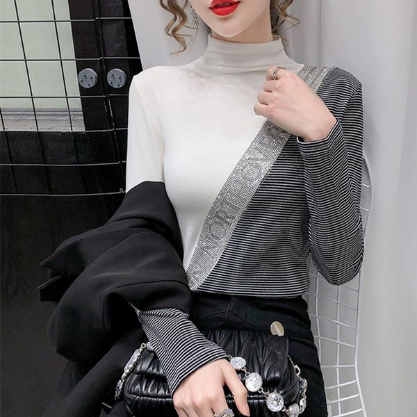 2021 new fall winter european clothes t-shirt chic striped color blocking shiny diamonds ropa mujer with fleece cotton tees t00015a wzj, White
2021 new fall winter european clothes t-shirt chic striped color blocking shiny diamonds ropa mujer with fleece cotton tees t00015a wzj, White