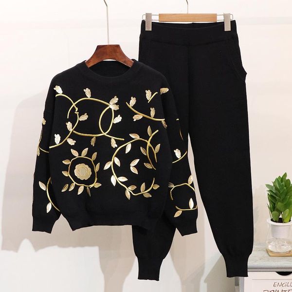 two piece dress knitted set female autumn winter embroidery golden leaf long sleeve sweater pants ladies tracksuits loose outfits, White
two piece dress knitted set female autumn winter embroidery golden leaf long sleeve sweater pants ladies tracksuits loose outfits, White