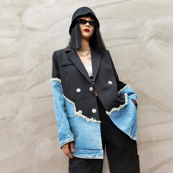 autumn women's net red casual small suit female korean denim color matching double-breasted design jacket suits & blazers, White;black
autumn women's net red casual small suit female korean denim color matching double-breasted design jacket suits & blazers, White;black