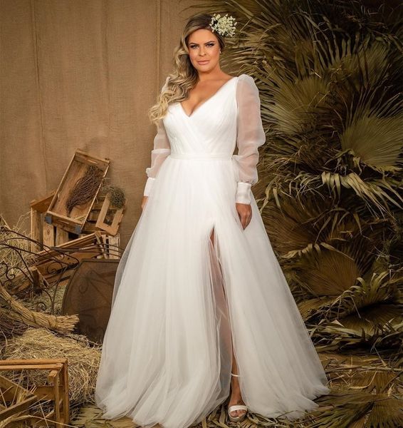 2021 new custom made plus size wedding elegant tulle long sleeve split v-neck bridal gowns simple robe de mariage jg1w, White
2021 new custom made plus size wedding elegant tulle long sleeve split v-neck bridal gowns simple robe de mariage jg1w, White