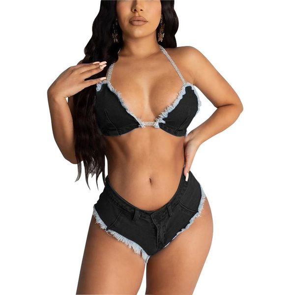women's swimwear ladies summer denim set adults women creative tassels edge hanging neck tie up backless bikini swimsuit biquini, White;black 
women's swimwear ladies summer denim set adults women creative tassels edge hanging neck tie up backless bikini swimsuit biquini, White;black