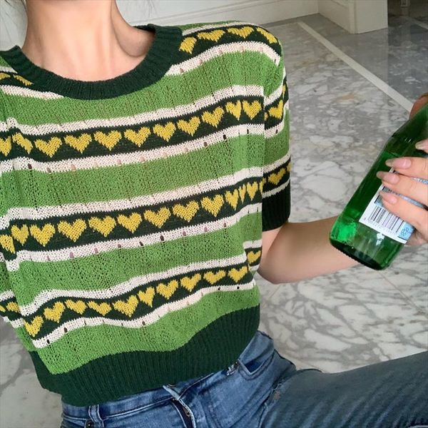 short sleeve women spring summer womens sweater vintage stripe green heart pattern knitted crop knitwear cute ladies jumpers, White;black
short sleeve women spring summer womens sweater vintage stripe green heart pattern knitted crop knitwear cute ladies jumpers, White;black