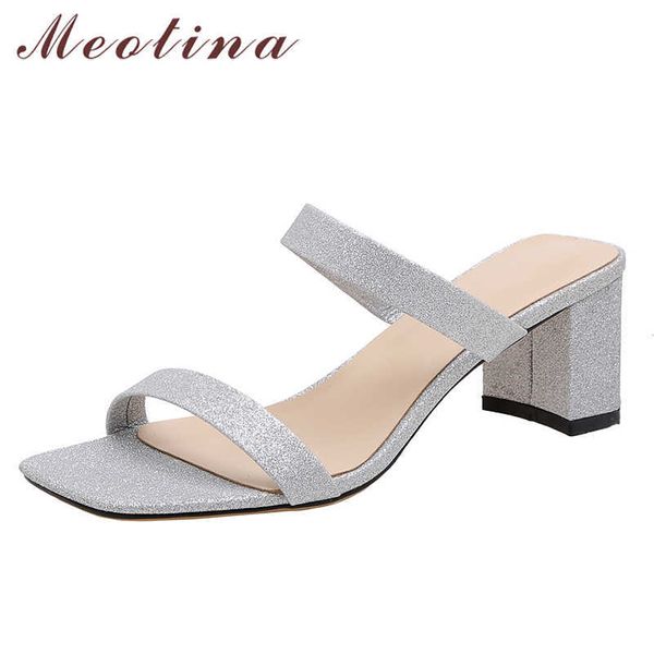 

meotina women slippers shoes narrow band high heel sandals ctrystal square toe slides chunky heel lady footwear summer apricot 210608, Black