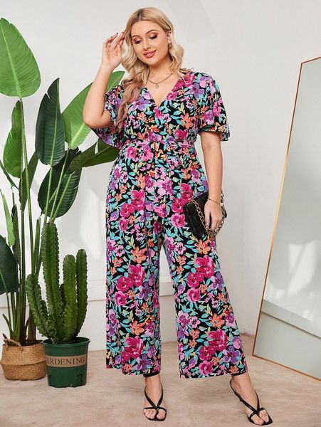 plus floral print overlap collar flutter sleeve belted jumpsuit v6yt#, Black
plus floral print overlap collar flutter sleeve belted jumpsuit v6yt#, Black